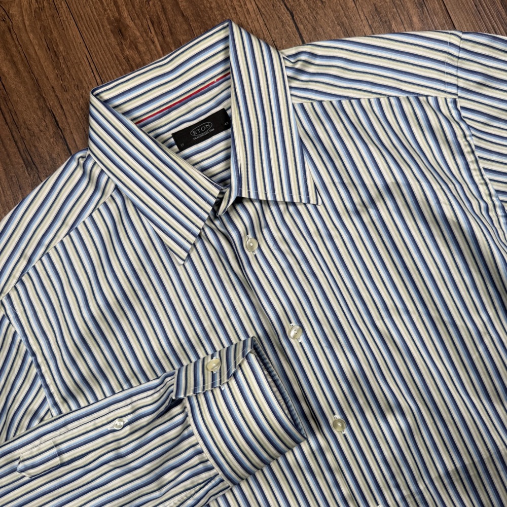 Eton Dress Shirt Mens 17 43 Blue White Yellow Striped Preppy Casual Sweden